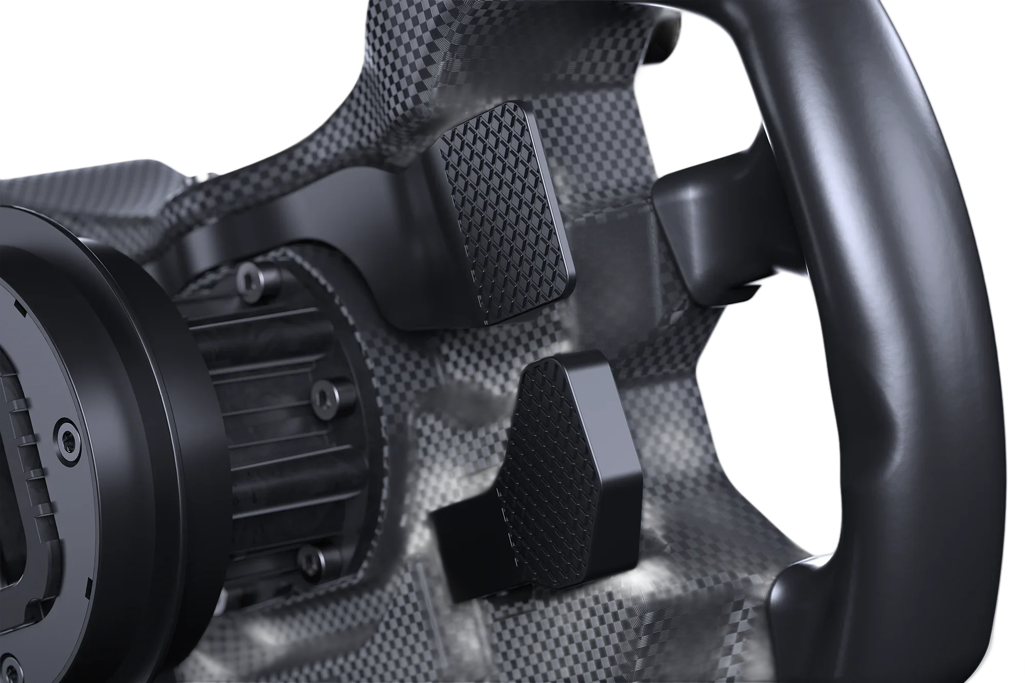 Rear of the Fanatec CSL GT3 showing a magnetic rocker shifter and additional analogue paddle